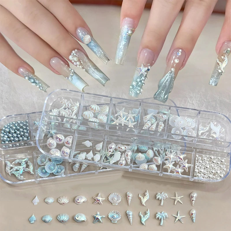 12 Grids Box Blue White Nail Charm Shell Starfish Mermaid Tail 3d Art Qme