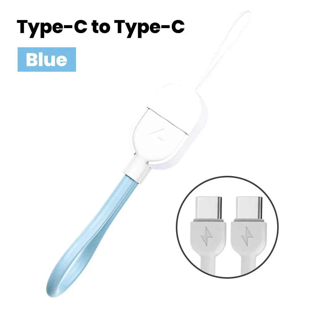60W PD Fast Charging Short Cable Portable Lanyard Keychain Dual Type C Quick Charge Cable For iphone 15 16 Samsung Xiaomi Huawei Qme Blue