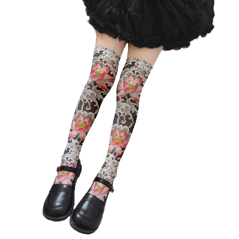 Women's Sexy Thigh-high Stockings Trend Tattoo Full Print Pattern 3D Qme style1 60CM