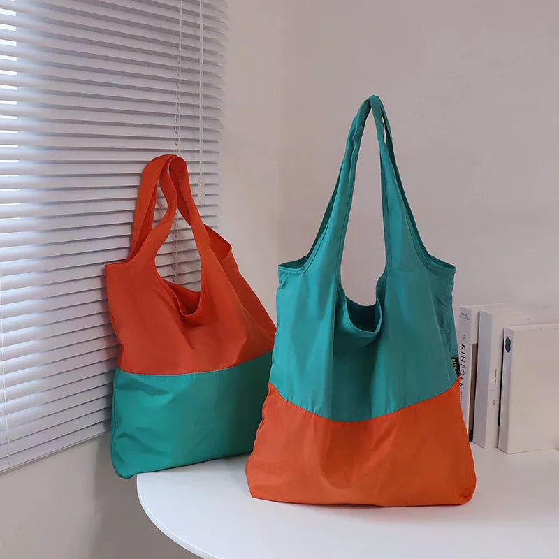 Color-block Patchwork Foldable Shopping Bag Eco-friendly Large Capacity Portable Waterproof Shoulder Bag Qme