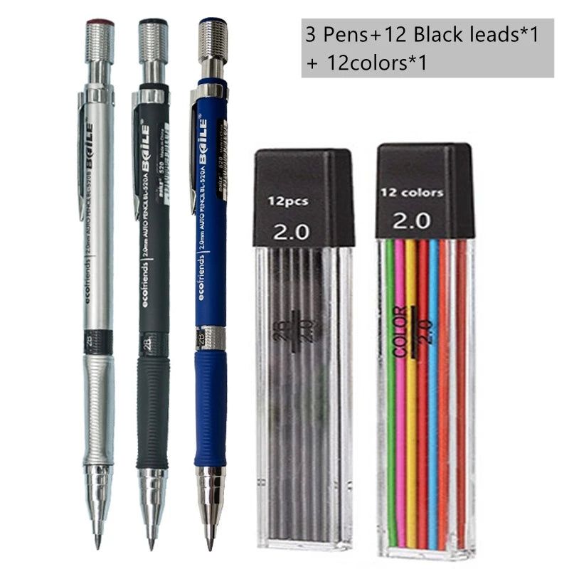 2.0mm Mechanical Pencil Set with 2B Black/Colors Lead Refill for Writing Sketching Art Drawing Painting School Automatic Pencil Qme Mix color set A