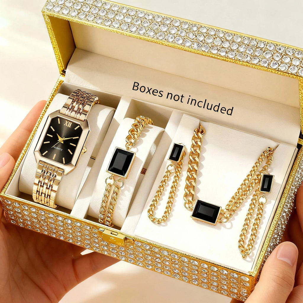 5PCS/Set Elegant Rectangle Women Watches Fashion Ladies Quartz Wristwatch Jewelry Set Girls Clock Gift（Without Box） Qme black No