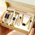5PCS/Set Elegant Rectangle Women Watches Fashion Ladies Quartz Wristwatch Jewelry Set Girls Clock Gift（Without Box） Qme black No