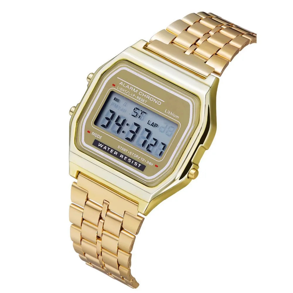 Steel strip LED electronic watch ultra-thin gold and silver cold light watch F91W steel strip original Su Feng fashion multifunc Qme Gold