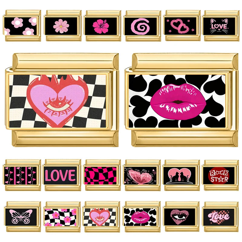 Drop Shipping Y2K Love Heart Eyes Lips Cats Flowers Golden Italian Charm Fit 9mm Stainless Steel Bracelet Wholesale Jewelry Gift Qme