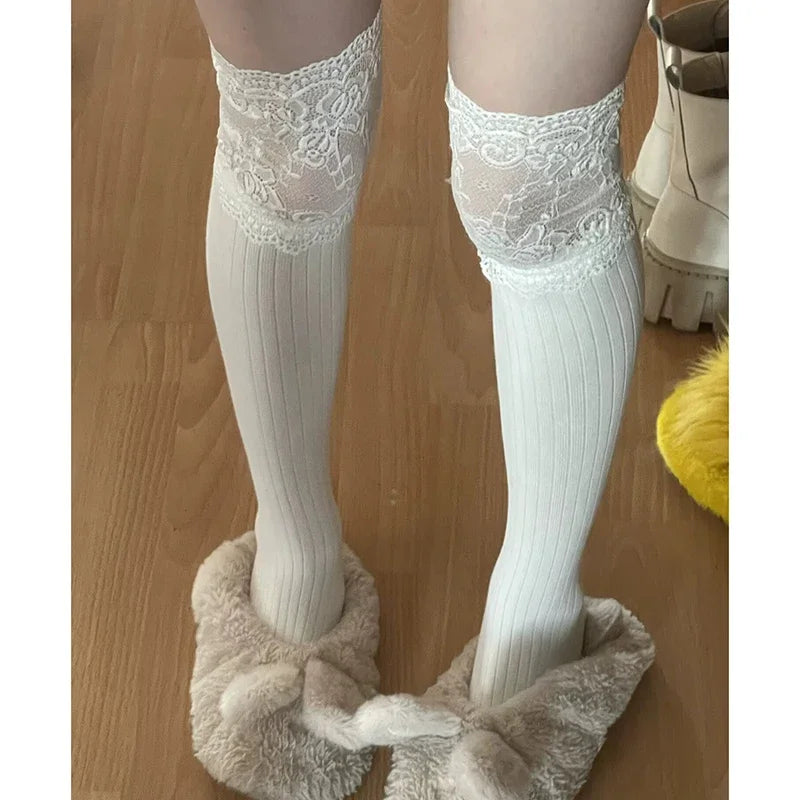 Boot Socks Autumn Winter Solid Thigh Lace Cute Lolita Thick Warm Qme