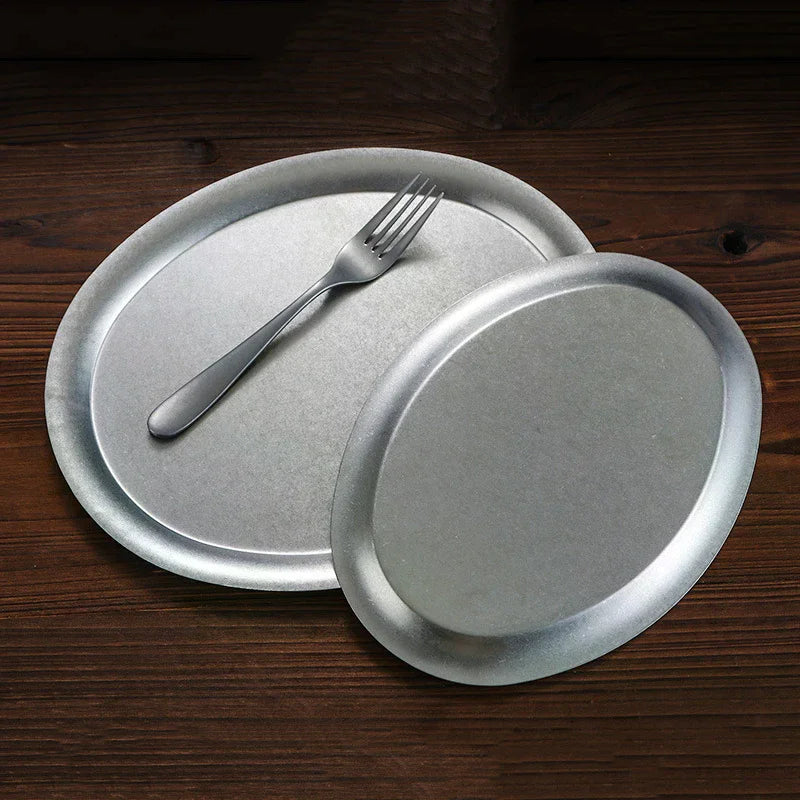 1 Pcs Japanese Vintage Oval 304 Stainless Steel Restaurant Plate Dessert Tray Kitchen Tableware Qme