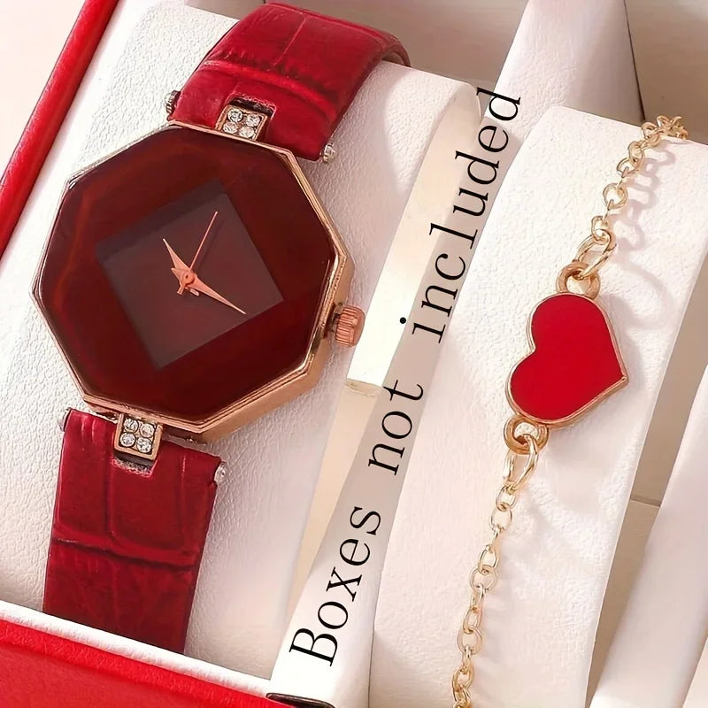 Women's Polygon Quartz Watch Pointer Quartz Watch Analog PU Leather Wrist Watch & Heart Bracelet Gift For Her Qme Red set