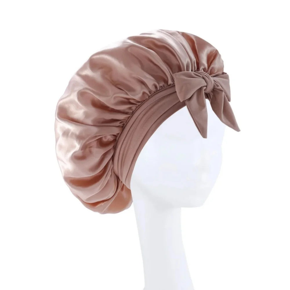New Satin Solid Sleeping Hat With Stretchy Tie Band Elastic For Women Night Shower Cap Adjustable Hair Head Cover Bonnet Turban Qme Gold