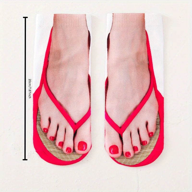 2pairs 3D nail print socks fun flip flops socks 3D pattern socks sandals socks low cut ankle fool socks - a prank gift Qme