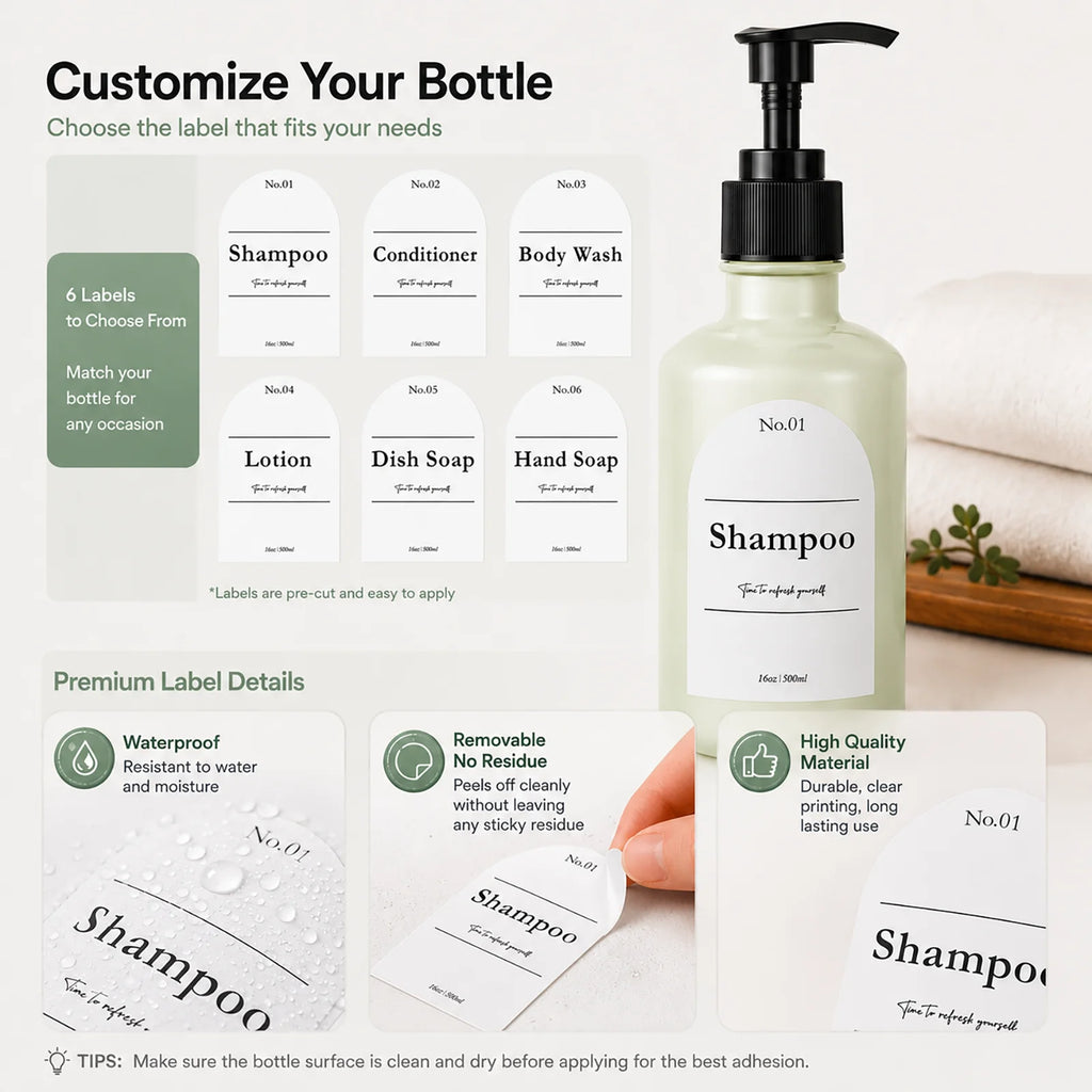 Refillable Shampoo Dispenser Bottle, 16oz 500ml Plastic Pump Bottle with Label for Conditioner, Body Wash, Liquid Soap, Bathroom Qme