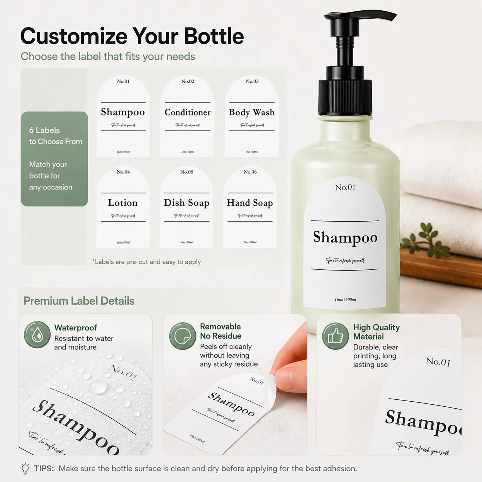 Refillable Shampoo Dispenser Bottle, 16oz 500ml Plastic Pump Bottle with Label for Conditioner, Body Wash, Liquid Soap, Bathroom Qme