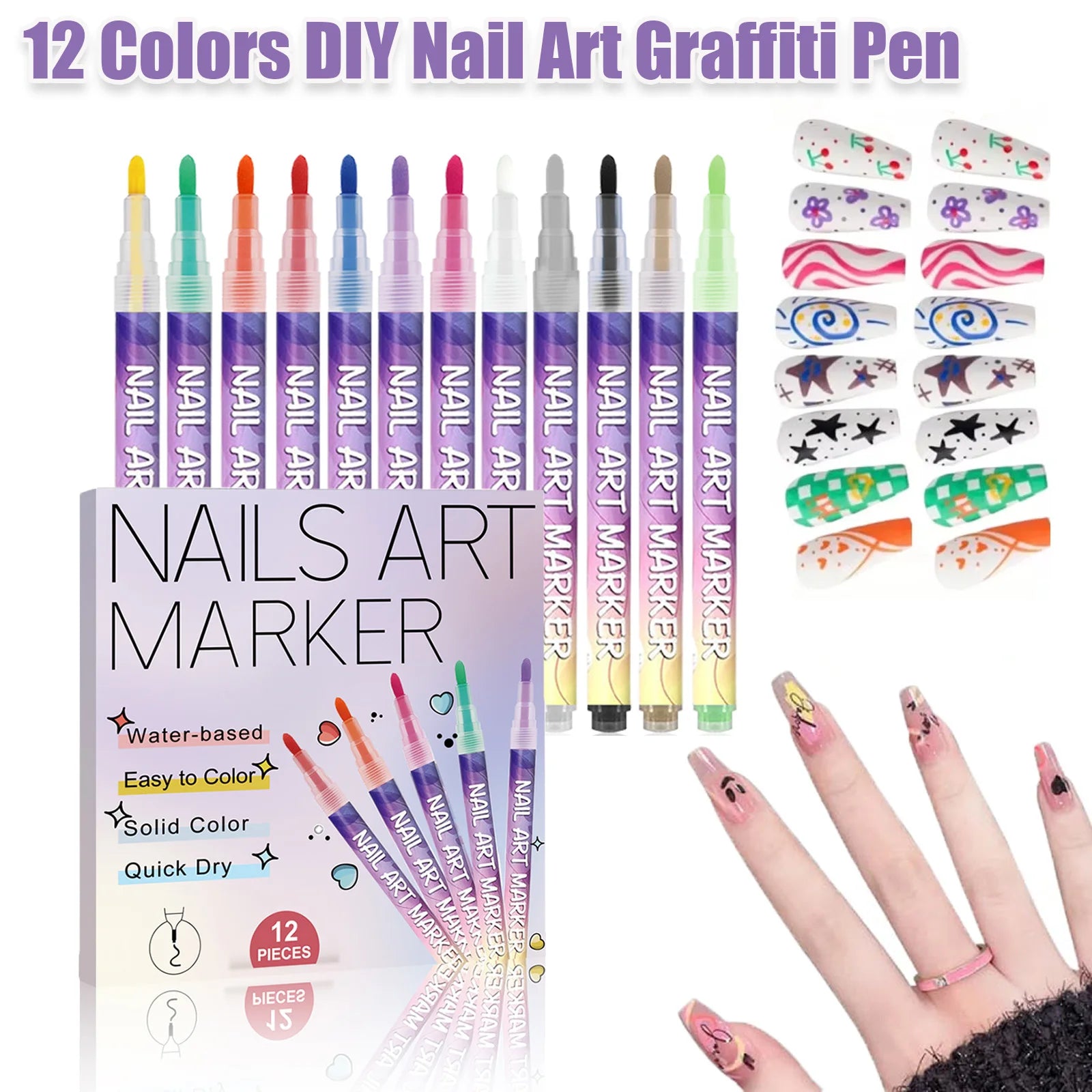 12 Colors DIY Nail Art Graffiti Pen 3D Nail Doodle Pen Acrylic Paint Pens for Nail Art Drawing Painting Nail Point Dotting Liner Qme