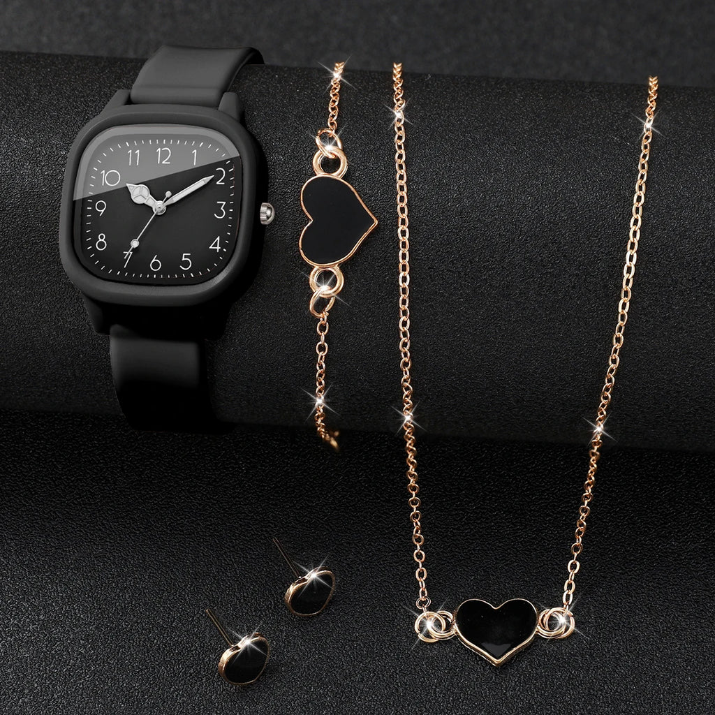 Women 4 In 1 Watch Jewelry Set Square Silicone Watch Black Heart Necklace Bracelet Earrings Elegant Ladies Quartz Wristwatch Gif Qme