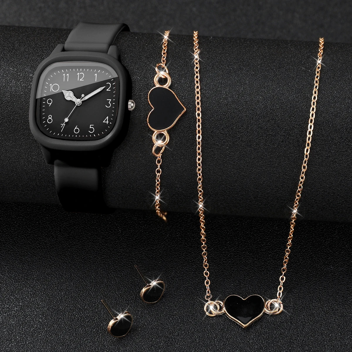Women 4 In 1 Watch Jewelry Set Square Silicone Watch Black Heart Necklace Bracelet Earrings Elegant Ladies Quartz Wristwatch Gif Qme