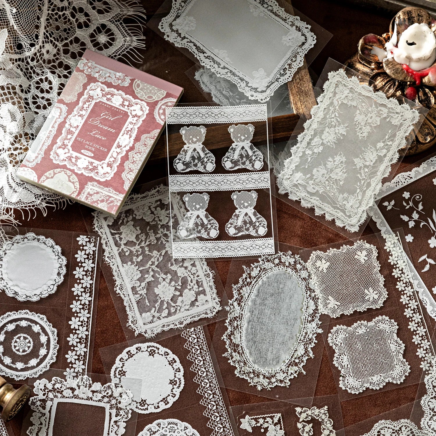 30Sheets/Bag Lace Theme PET Stickers for DIY Scrapbooking Collage Art Frame Laptop Phone Cup Luggage Guitar Skateboard Decal Qme