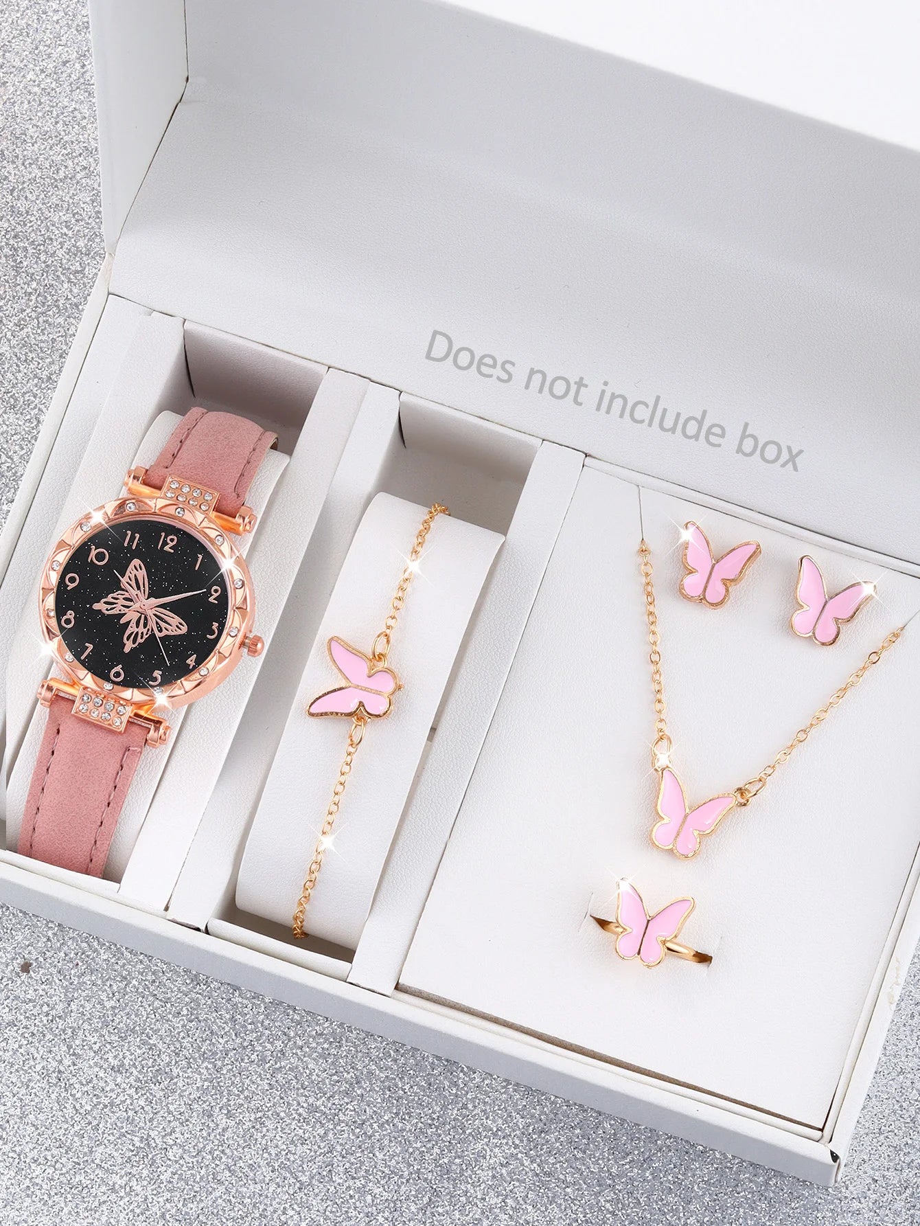 Casual fashion big black butterfly ladies quartz watch and alloy butterfly set every day dress gift Qme Pink No