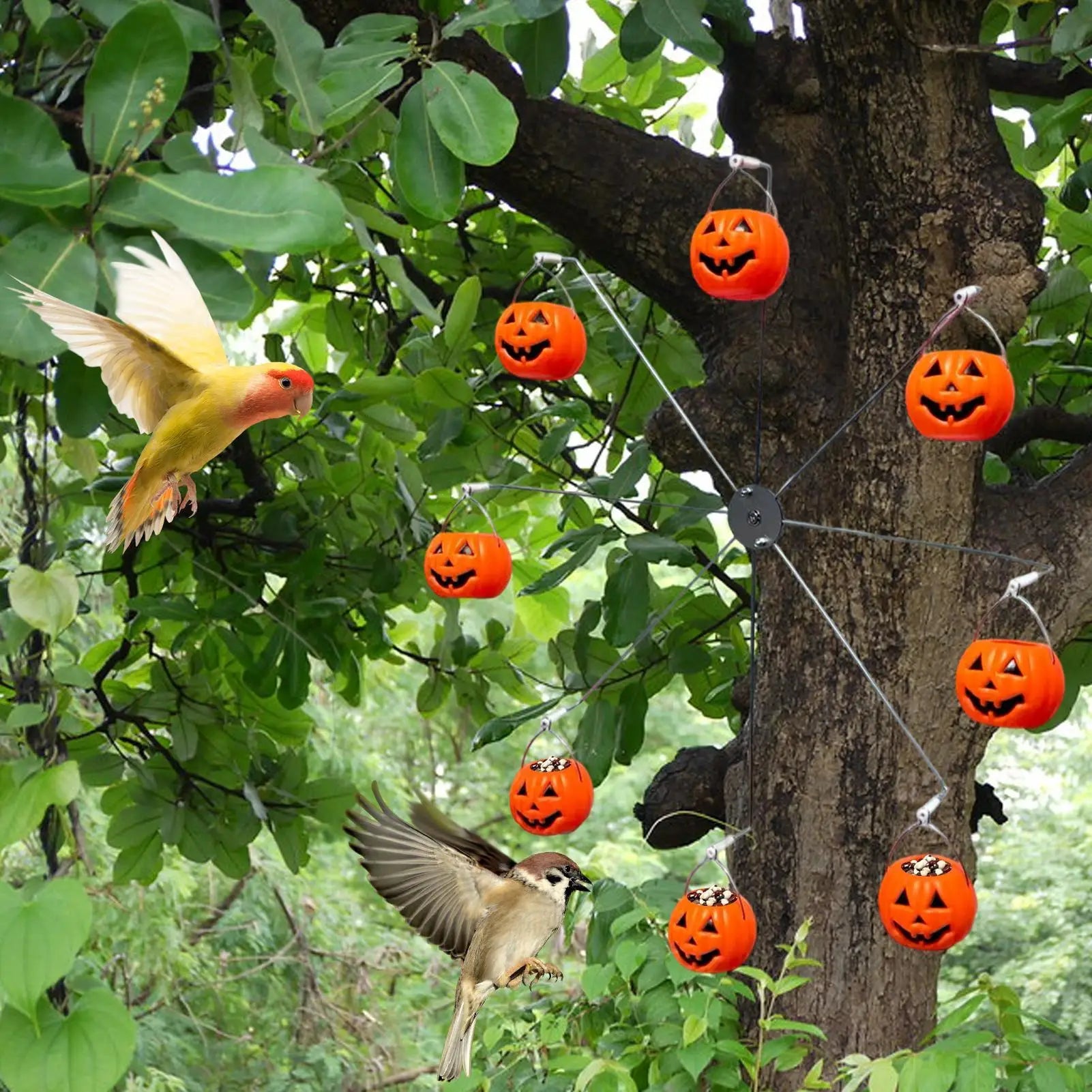 Birds Feeders For Outside Bird Windmill Feeder With 8 Pumpkin Buckets Birdwatching Halloween Pumpkin Decor For Outside Garden Qme