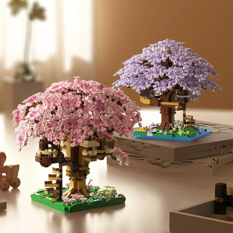 DIY Discoloration Cherry Blossom Flower Pink Tree House Train Assembly Building Blocks Classic Model Bricks Sets Kid Boy Girl Qme