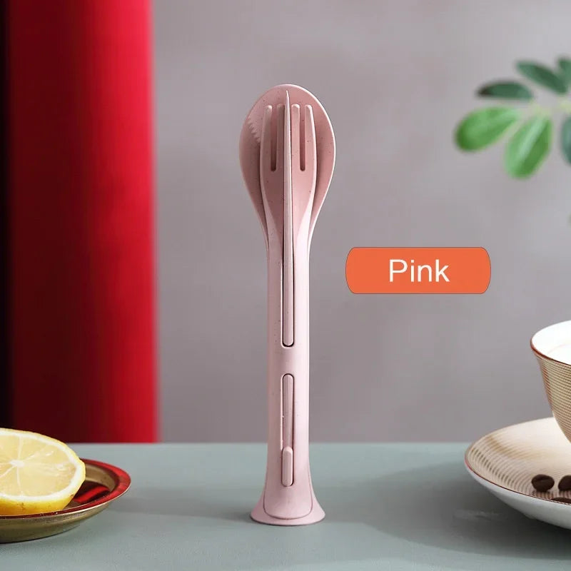 3PCS Portable Wheat Straw Cutlery Set Detachable Travel Tableware Dinnerware Set Camping Picnic Spoon Fork Chopsticks Kit Qme Pink