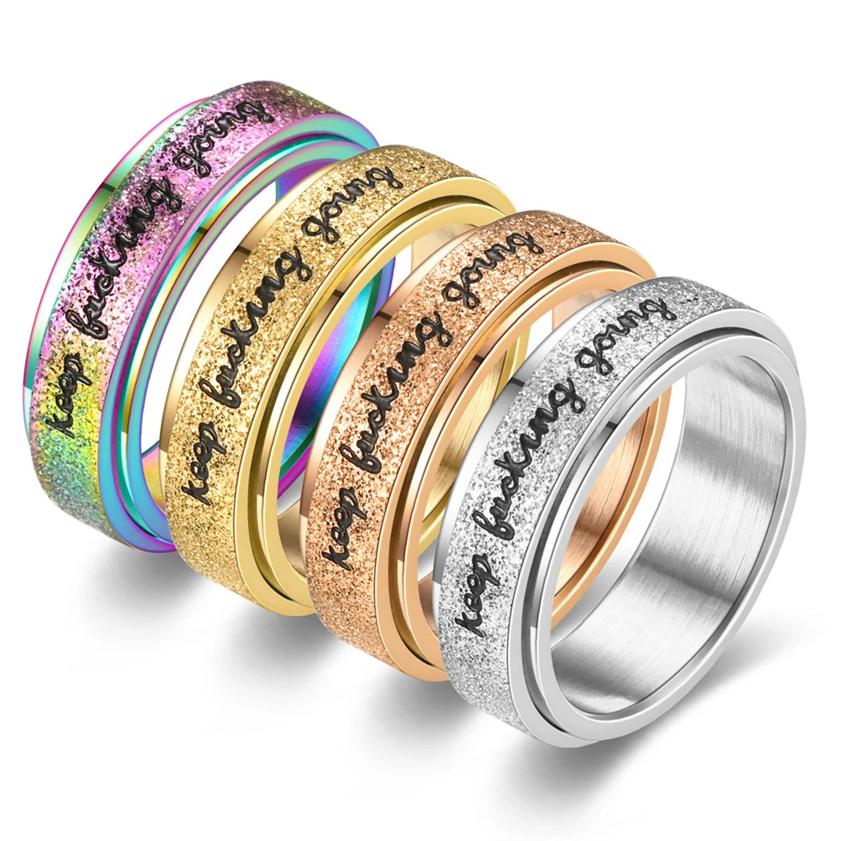 Fashion Inspirational Vibrant Stainless Steel Rotating Ring Adjustable Unisex Daily Wear Hip Hop Jewelry Keep Going Ring Qme