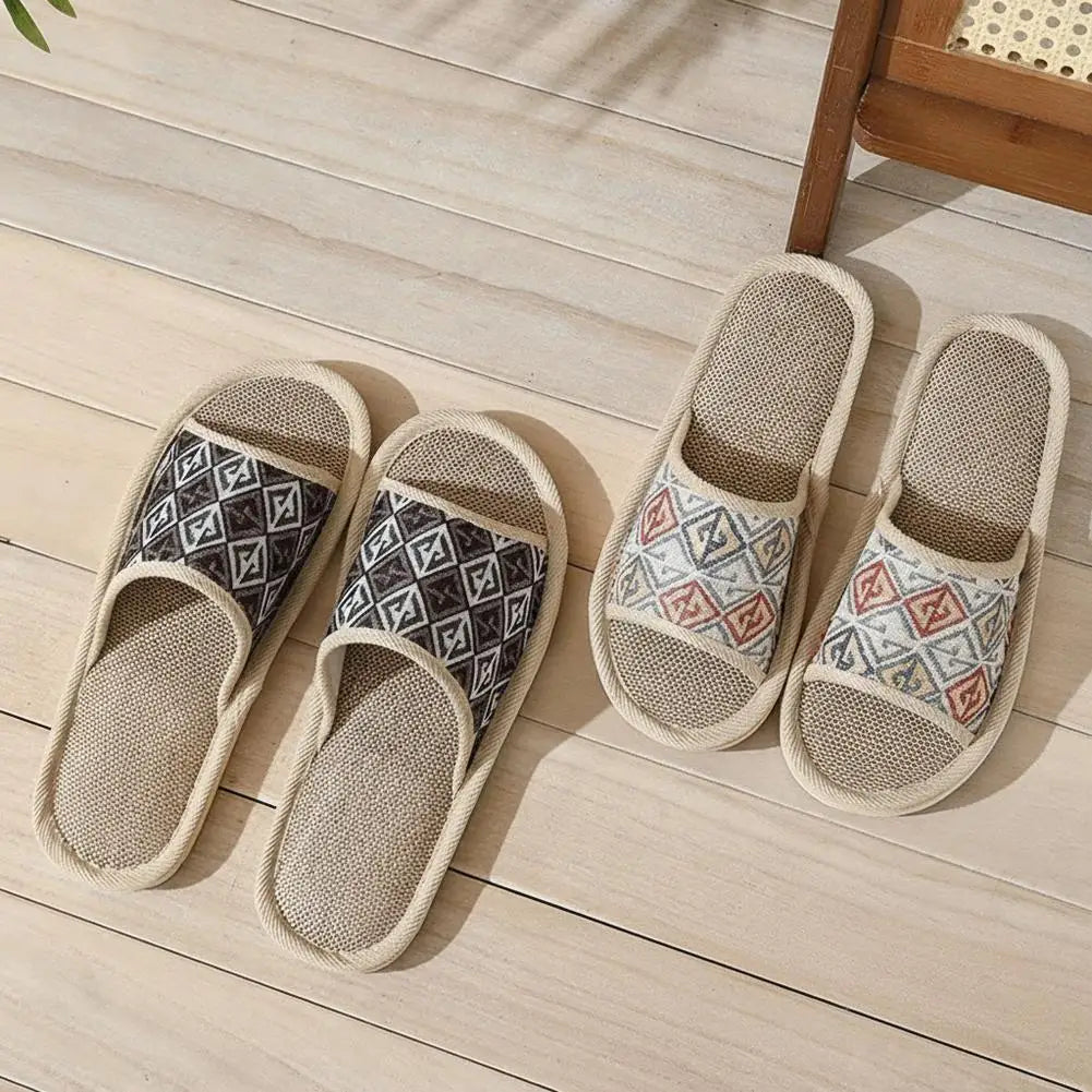 Four Season Couple's Multicolor Linen Slippers Women Indoor Striped Non-Slip Sandals Men Comfort Indoor Floor Breathable Slides Qme