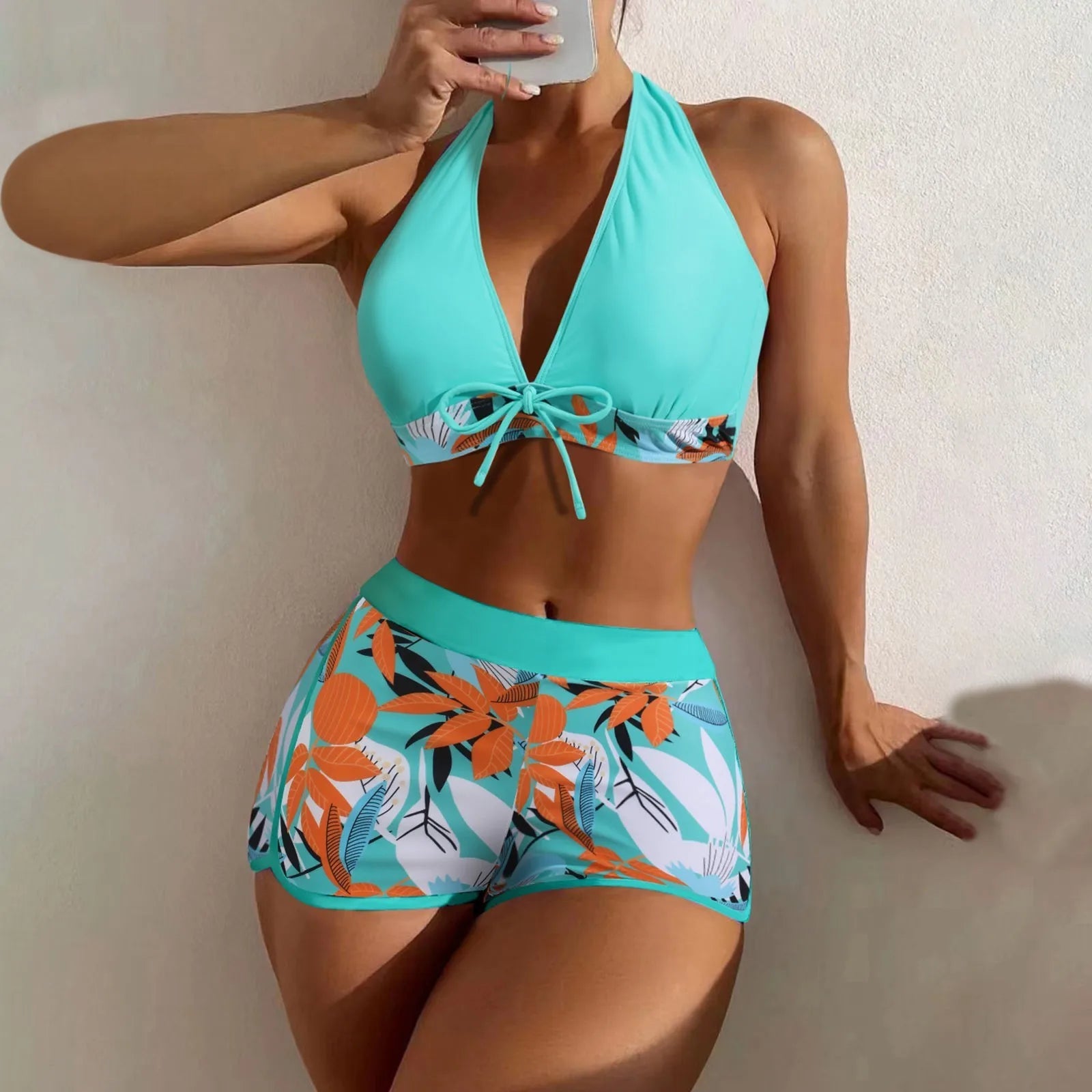 Women's Paneled Printed Swimsuit Ladies Fashion Sexy Split Boxer High Waist Swimsuit Two-Piece Set V-Neck Bathing Suits Female Qme Cyan XL
