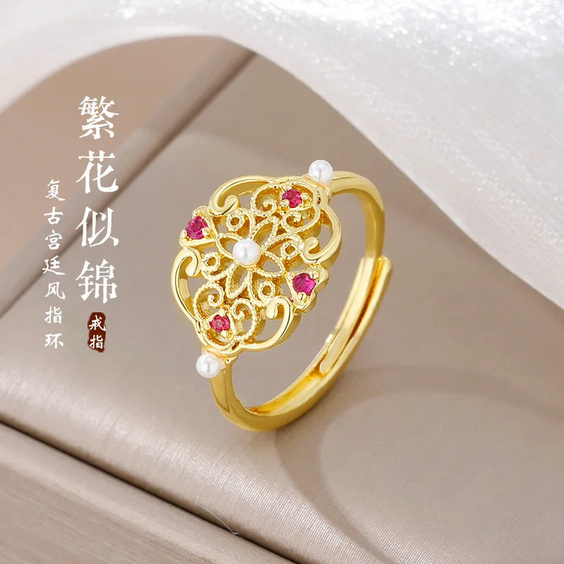 New Chinese Style Retro Palace Auspicious Ring with Adjustable Exquisite Temperament and Versatile Ring Jewelry Qme