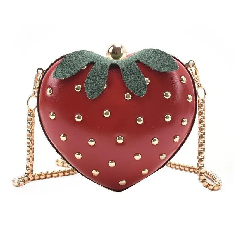 Red Leather Strawberry Crossbody Bag With Gold Studs And Chain Strap Perfect For Daily Outings Parties Teen Girls Qme Red