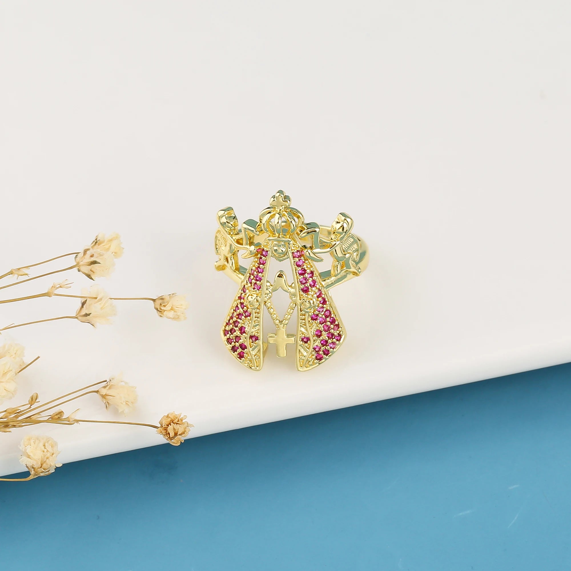 Adjustable Zirconia Religious Cross Crown Flower Opening Ring Personalized for Man Woman Fashion Party Wedding Finger Jewelry Qme Red resizable