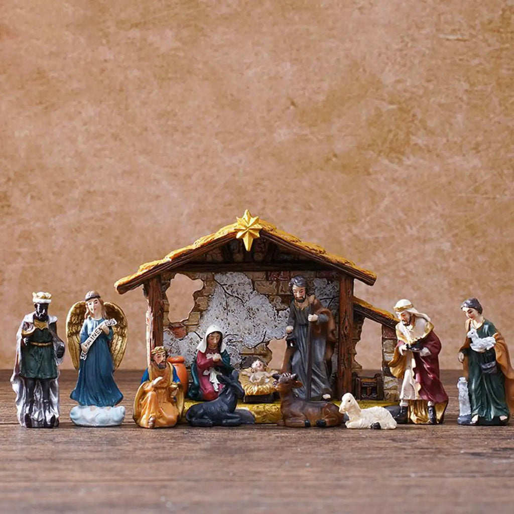 Nativity Set Resin Christmas Manger Religious Christmas Manger Nativity Figurine Set for Bookshelf Entryway Fireplace Windowsill Qme