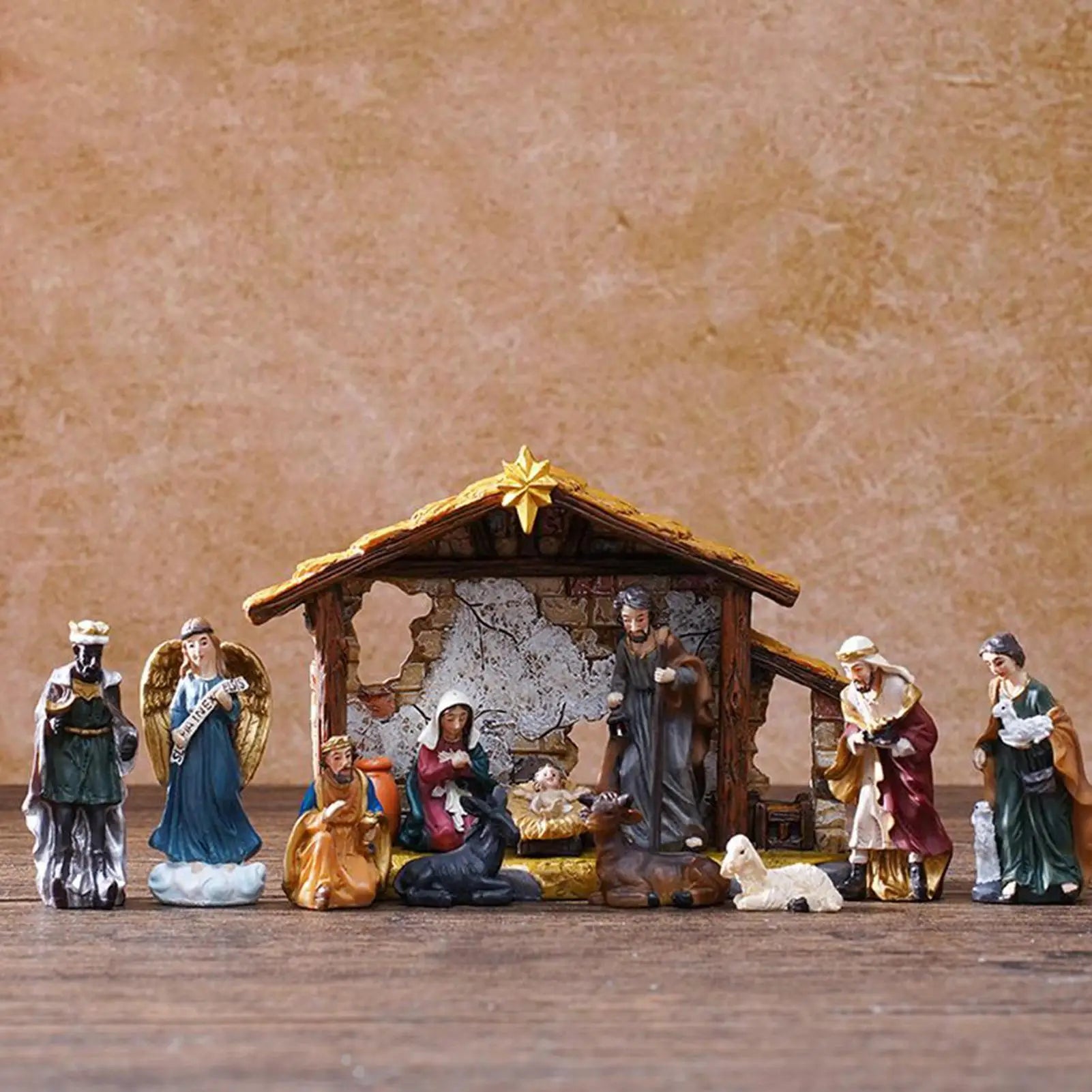 Nativity Set Resin Christmas Manger Religious Christmas Manger Nativity Figurine Set for Bookshelf Entryway Fireplace Windowsill Qme