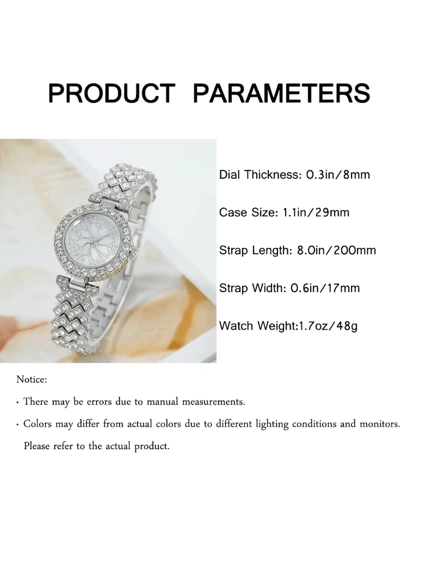 Women Silver Watch Bracelet Set, Full Rhinestone Lotus Dial Quartz Wristwatch + Multi-style Chain Stackable Bracelets JewelryKit Qme
