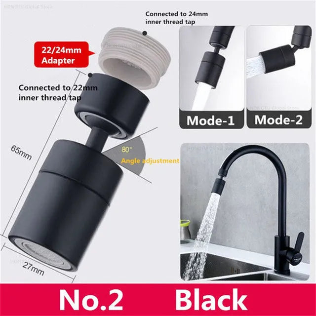 360° Rotary Kitchen Faucet Spray Head Filter washbasin Splash proof Adapter 2 Mode adjustable Kitchen Sink Faucet Aerator Qme Black Long