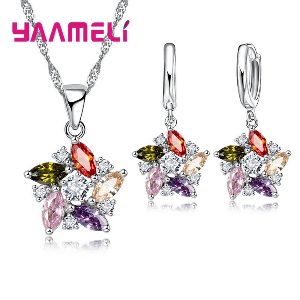 925 Sterling Silver Color Pendant Necklace Earrings Romantic Ethnic Style Windmill Shape Colorful/White Crystal Stone For Girl Qme Multicolor