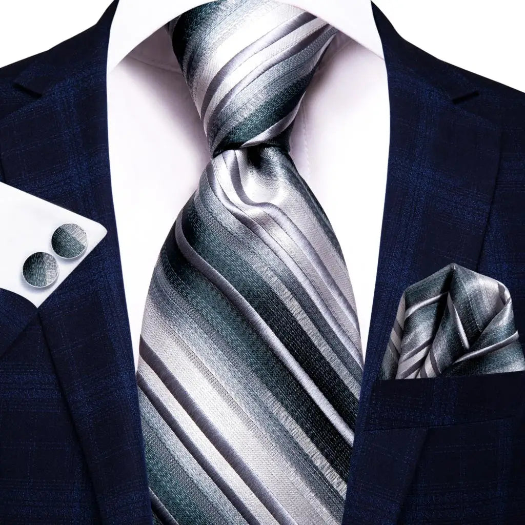 Hi-tie Smoke Grey Tie Men Elegant Mens Necktie Pocket Square Cufflink Qme 3361