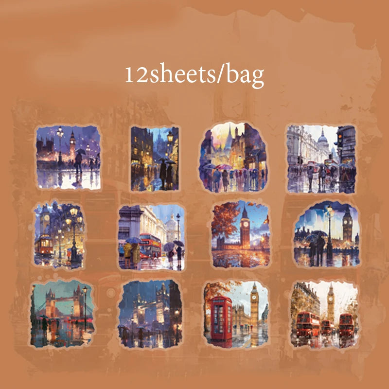 12 Sheets Rainy Walk PET Stickers for Scrapbooking Planner Journal Phone Case DIY Decoration Office School Stationery Gift Qme 6