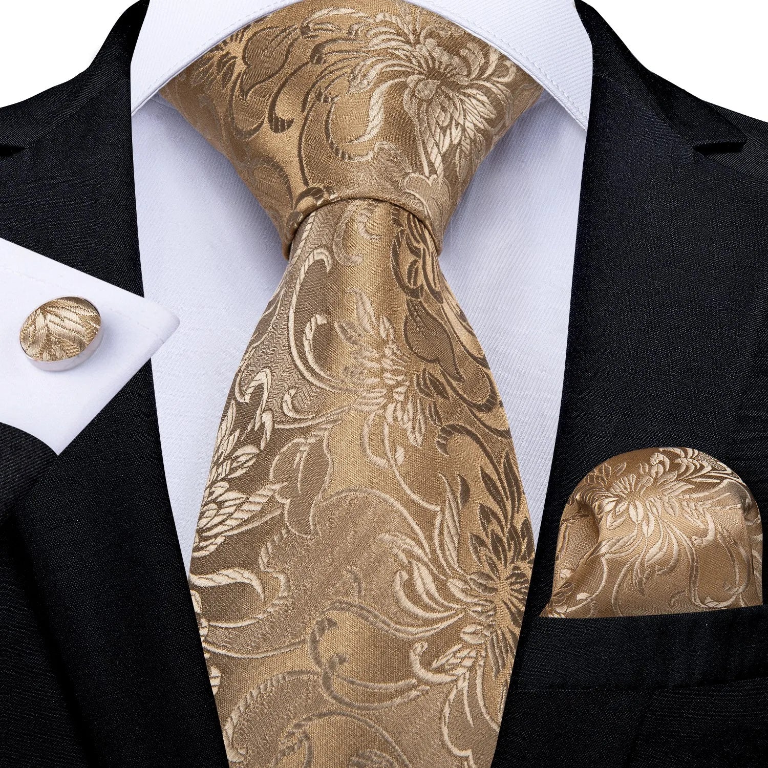 Tie Set for Men, 3-Piece Wedding Accessories with Cufflinks & Pocket Handkerchief, Striped/Floral Design Qme DPTH-HT-LDSN0309