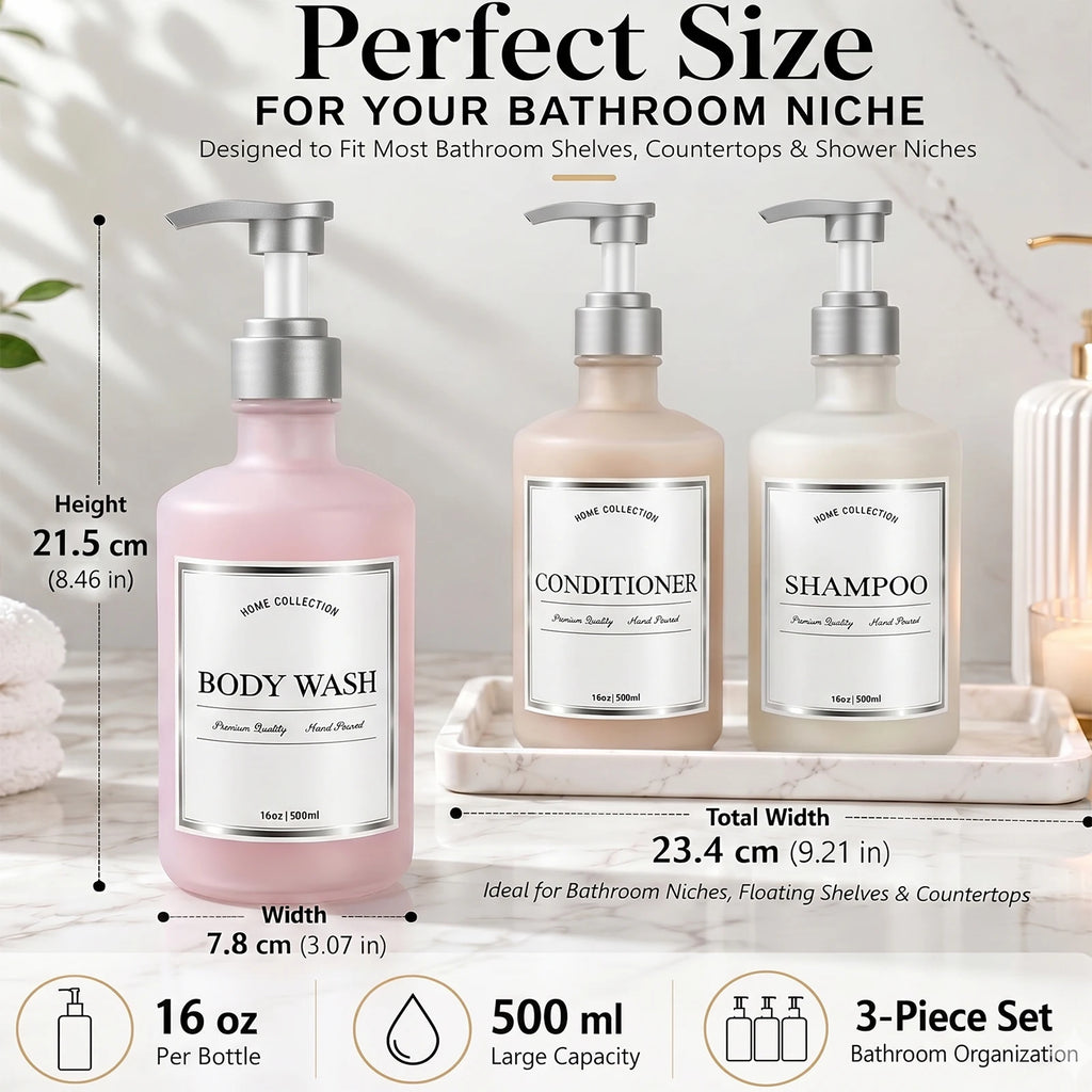 Shampoo and Conditioner Dispenser Bottles Set of 3 Translucent White Plastic Pump Bottles or Body Wash Shower Bath Organization Qme