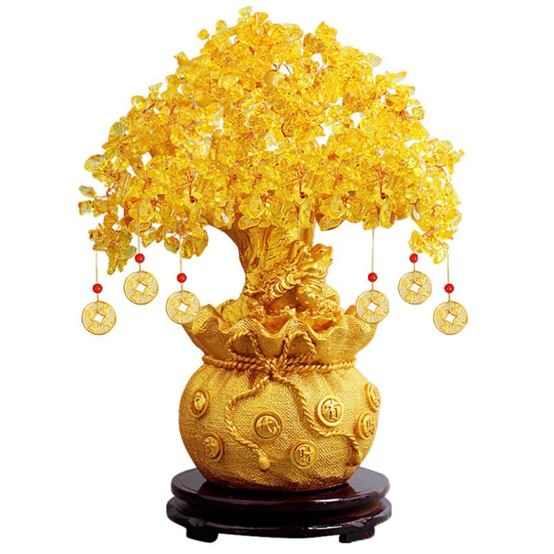 Lucky Tree Wealth Yellow Crystal Tree Natural Money Tree Ornaments Bonsai Style Wealth Luck Feng Shui Ornaments Craft Qme gold