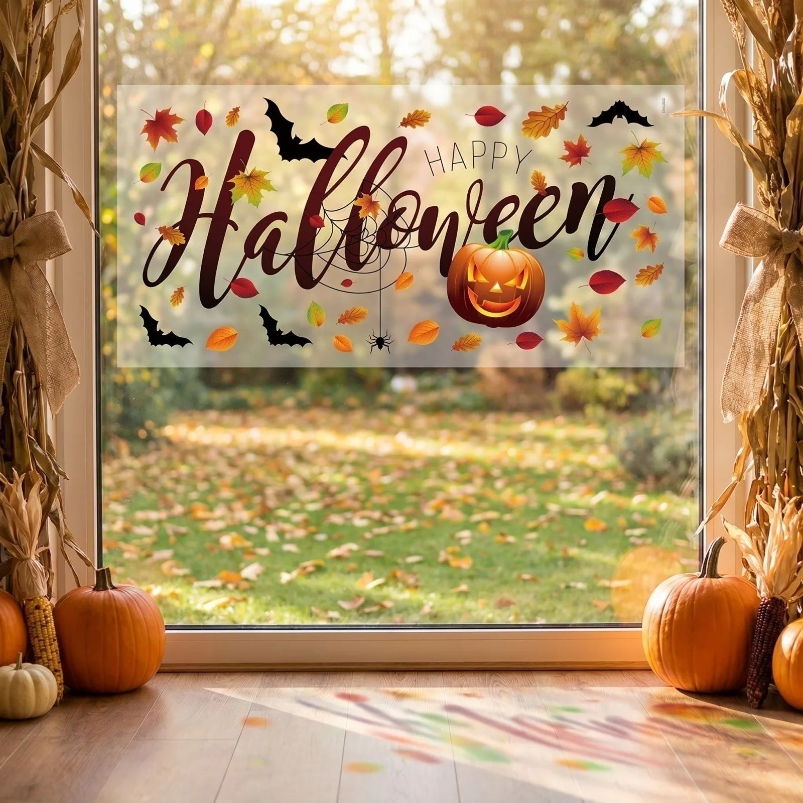 Halloween Pumpkins Leaves Bats Static Cling Window Glass Decals Holiday Party Scene Decoration Stickers Qme