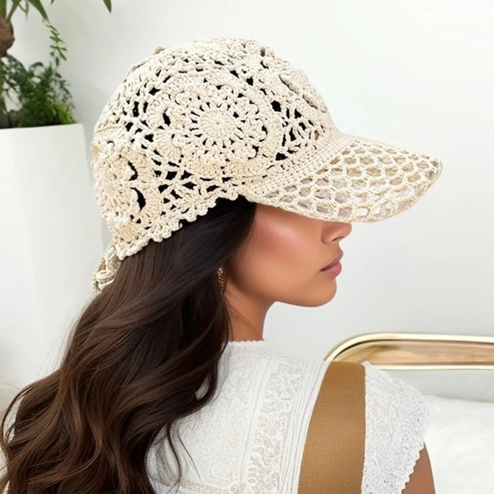 Versatile Adjustable Crochet Baseball Cap Floral Lace Openwork Sun Qme