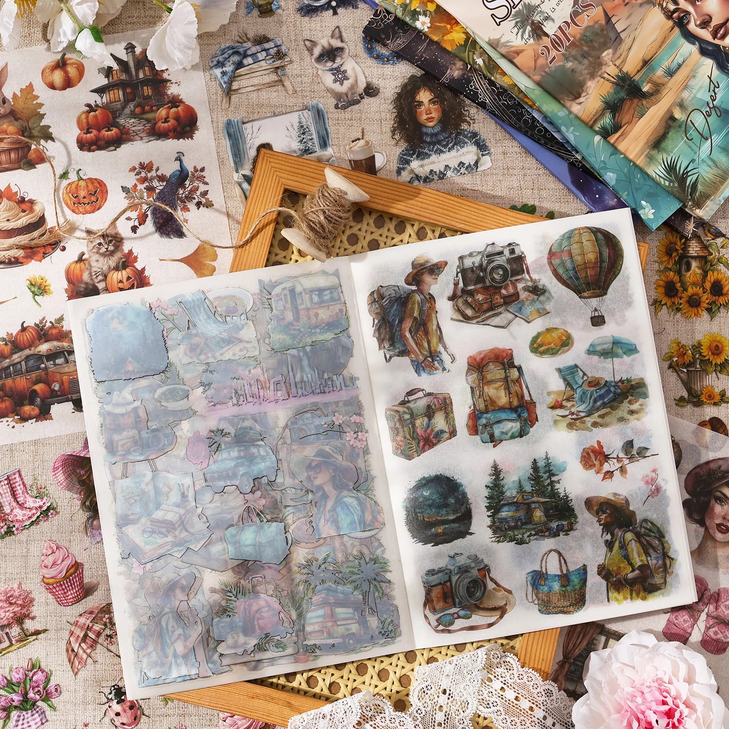 20 Sheets Retro Flower character PET Die cut Stickers book Handmade Decorative Scrapbooking Account Creative Stationery Supplies Qme