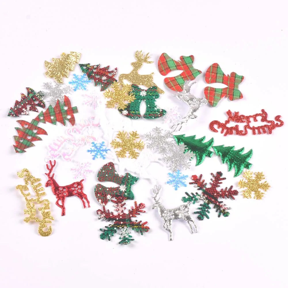 50Pcs Cute Glitter Elk Snowflakes Christmas Tree Patches For Clothes Stick-On Appliques DIY Kids Hairpin Bowknot Accessories Qme