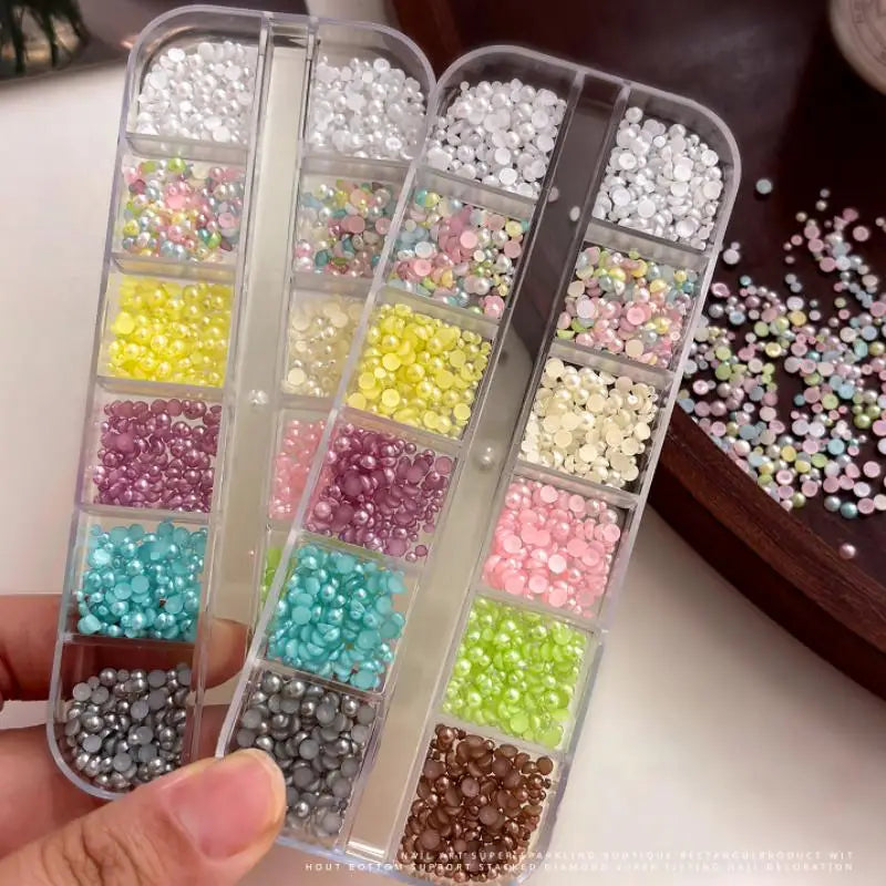 DIY Nail Art 12 Grids Colorful Pearl Half-round Beads Qme