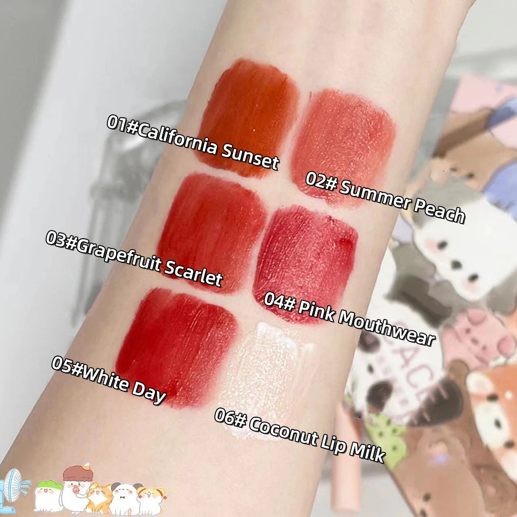 6pcs/set Lip Gloss Cute Box Girls Gift Matte Long Lasting Non-stick Cup Lipgloss Cigarette Tube Lipstick Lip Makeup Cosmetics Qme
