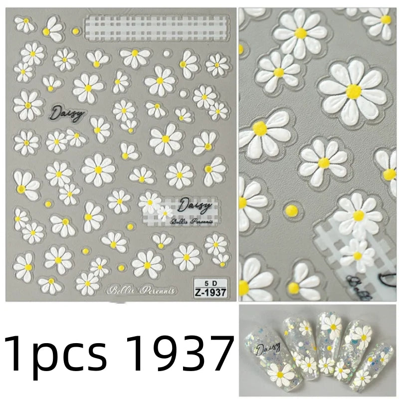 5D Flower Daisy Embossed Stickers Nail Sliders Decals Daisy White Florals Petals Flowers Back Glue Nail Sticker Decoration Qme 1pcs 1937