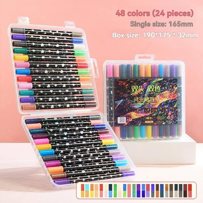 ArtShip Glitter Marker Pens, Double Brush Tips Highlighter Markers, for Painting, Ceramic, And Fabric, Water Based Non-Toxic Qme 24 pieces-48 colors