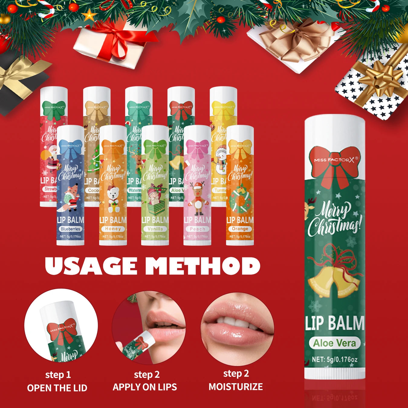 10PCS/Box Christmas gift box, lip balm set, deeply hydrating lip moisturizer, lip color brighten, gift to women Qme