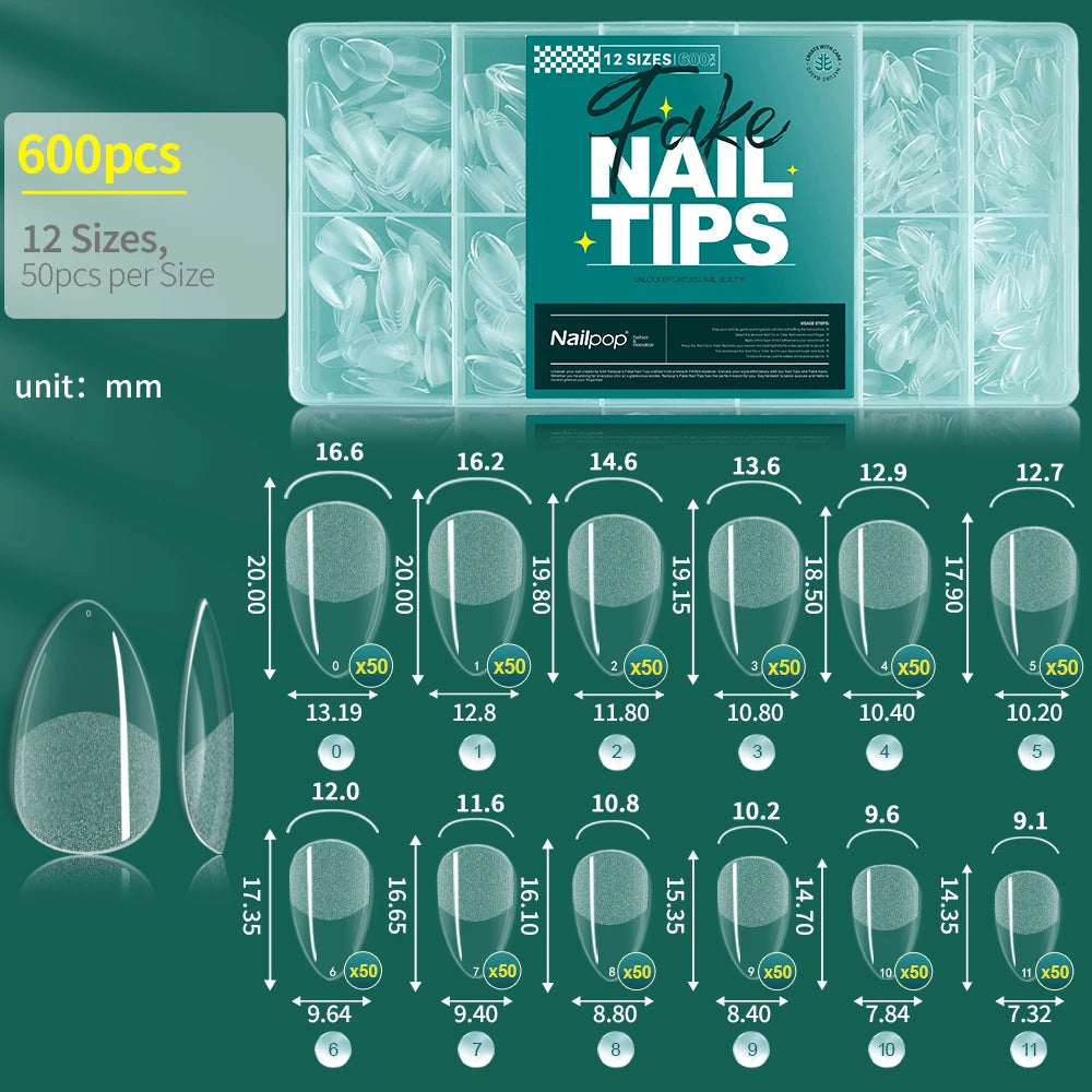 Nailpop False Nails 10 12 Sizes Full Cover Tips Clear Durable Qme XXS-Almond-600